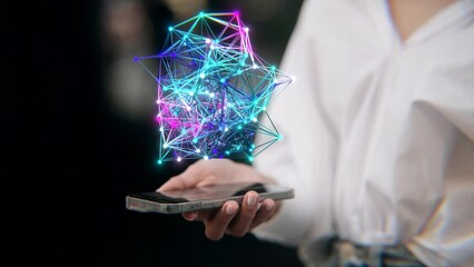 Female hands touching phone with Machine learning Process, artificial intelligence. Global network communication technology concepts. Cloud technology. Data storage. Internet service concept - Powered by Adobe