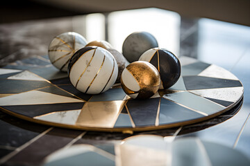 3d circles, and triangles, on a table arranged in Harmonious geometric shapes, evoke tranquility. 