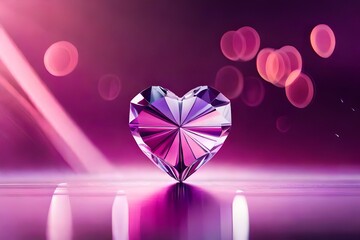 Crystal heart on a purple pink background with copy space, banner, flat lay, top view. Generative AI