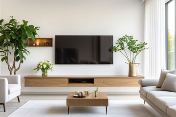 Create a a TV mounted on a white wall in a living room.