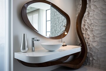 Contemporary bathroom with trendy mirror and sink.