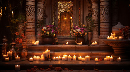 A beautifully lit traditional Indian home with flickering diyas and decorative lights for a radiant Diwali celebration, Diwali, Diwali Background Generative AI