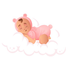 Cute smiling sleeping baby girl in pink bear pajamas on cloud. Baby girl character in cartoon style.