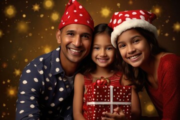 A family smiling and holding a presents-filled Christmas stocking.. A fictional character Created By Generated AI.