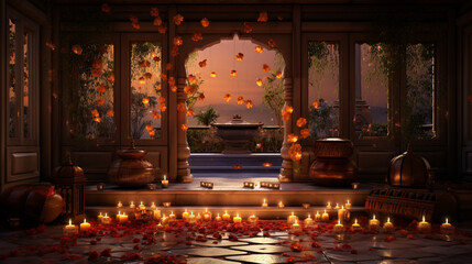 A beautifully lit traditional Indian home with flickering diyas and decorative lights for a radiant Diwali celebration, Diwali, Diwali Background Generative AI