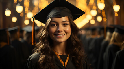 Obraz premium Portrait of cheerful young lady in graduation cap.