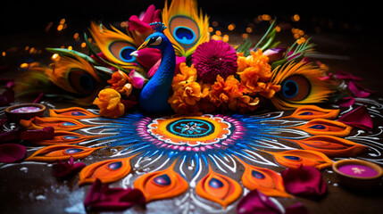 A colorful display of rangoli art featuring peacocks and floral motifs, highlighting the intricate designs of Diwali, Diwali, Diwali Background Generative AI