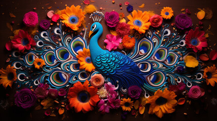 Obraz premium A colorful display of rangoli art featuring peacocks and floral motifs, highlighting the intricate designs of Diwali, Diwali, Diwali Background Generative AI