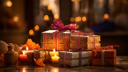 A vibrant display of assorted Diwali gifts and wrapped presents, reflecting the spirit of giving during the festival, Diwali, Diwali Background Generative AI