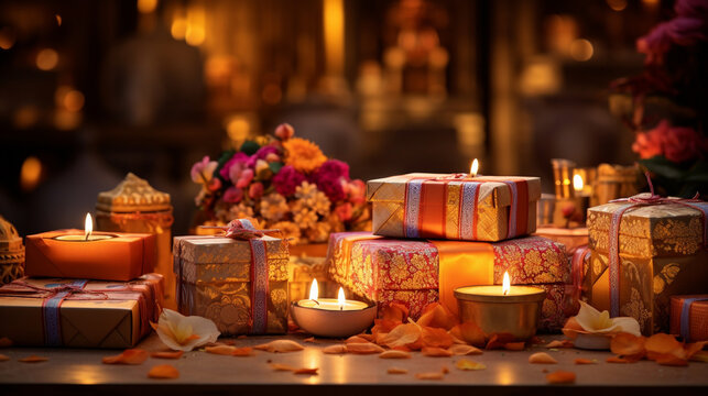 A vibrant display of assorted Diwali gifts and wrapped presents, reflecting the spirit of giving during the festival, Diwali, Diwali Background Generative AI