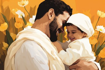 A man in a white burka holding a little child, both smiling together.. A fictional character Created By Generated AI.