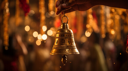 A traditional brass bell being rung as part of the Lakshmi Puja ritual, creating a melodious and sacred atmosphere, Diwali Generative AI