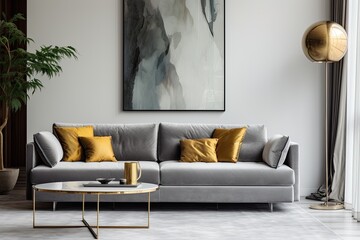 Stylish gray velvet sofa and golden lamp in a chic mid century modern living room.