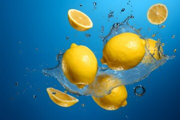 lemon water splash on blue background