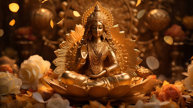 A shimmering gold idol of Goddess Lakshmi as the focal point of the puja, radiating divinity and abundance, Diwali Generative AI