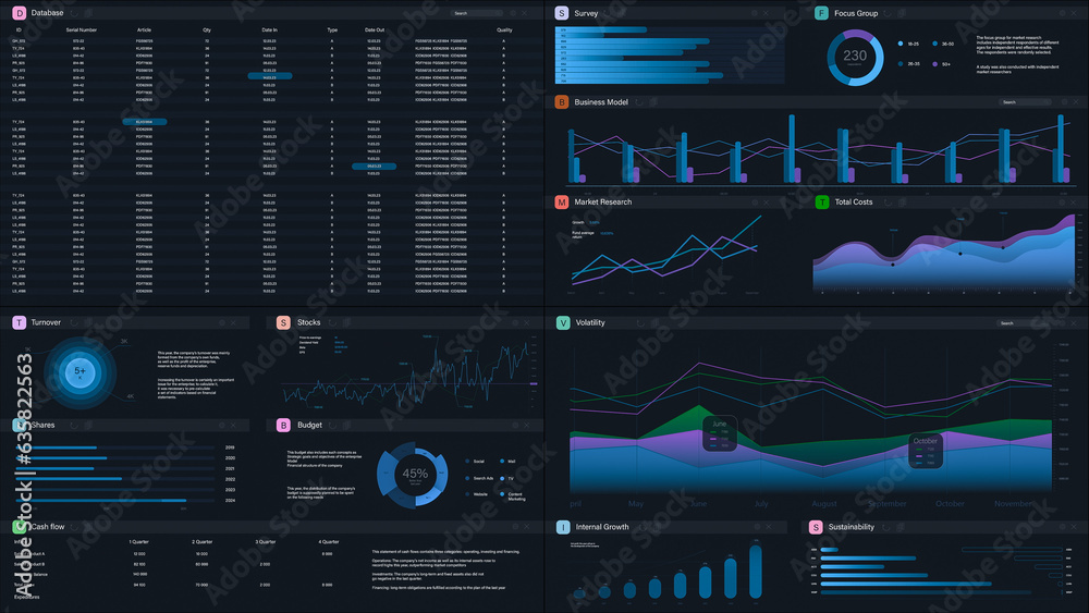 Aufkleber 3D Render: Business Management Application Interface With Graphs, Charts, and Data Opened in Multiple Windows On Dark Background. Software For e-Commerce Entrepreneurs. Template For Computers, Laptops