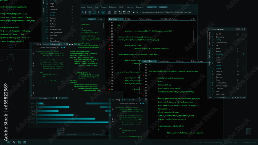 Poster 3D Render: Software Backend Mock-up with Different Windows With Code Opened Up. Dark Project Monitoring Interface with Programming Environments. Template for Computer Displays and Laptop Screens.