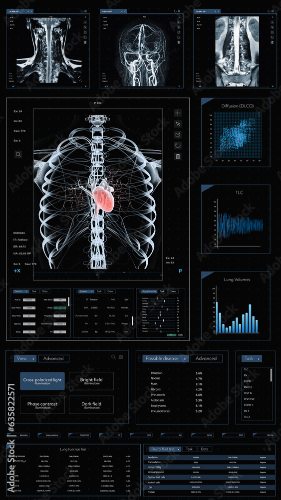 Poster 3D Render Vertical Screen: Mobile Health Monitoring Medical Software Interface For Doctors. Smartphone Application With X-rays, MRIs of Heart, Brain, And Spinal Cord. App For Checking Patient Vitals