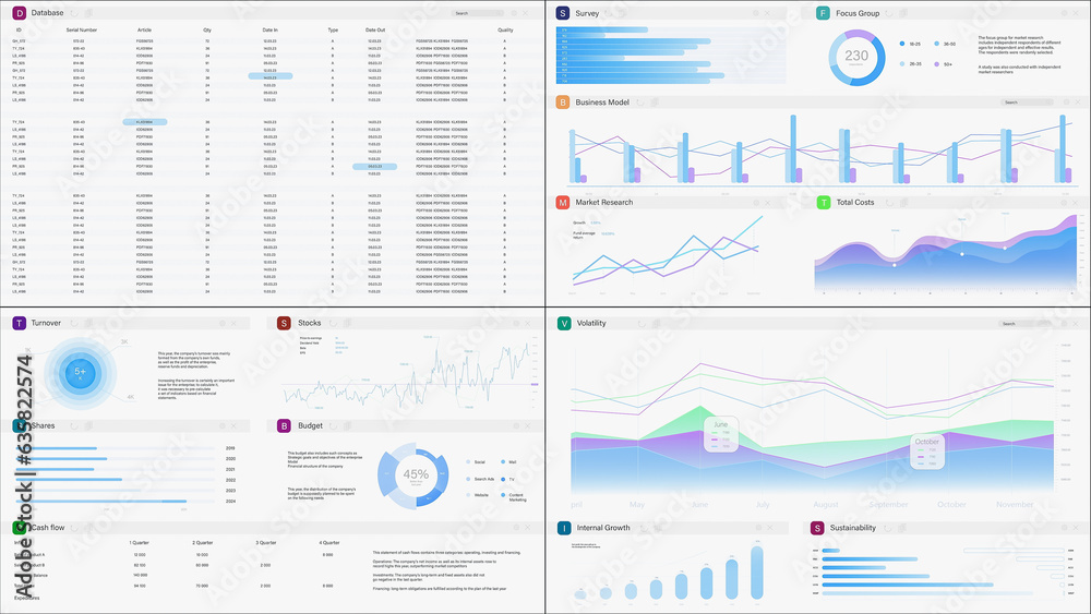 Leinwandbilder 3D Render: Business Management Application Interface With Graphs, Charts, and Data Opened in Multiple Windows On White Background. Software Mockup For e-Commerce. Template For Computers, Laptops.