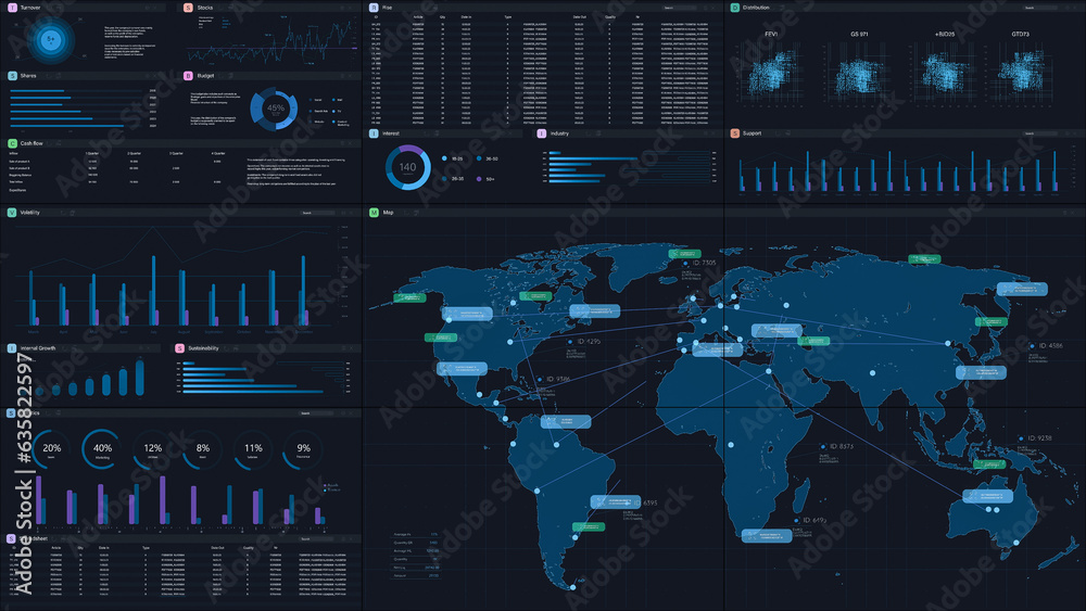 Aufkleber 3D Render: Dark Monitoring Software Mockup With World Map Updating In Real Time And Graphs And Charts With Analytical Data. Computer Programm For Logistics Template For Desktop PCs And TV Monitors.
