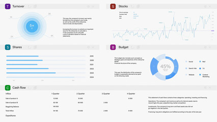 3D Render: Business Management Application With Graphs, Charts, And Financial Data On White Background. Software For Entrepreneurs To Build Strategy. Mockup Template For Computer And Laptop Screen.