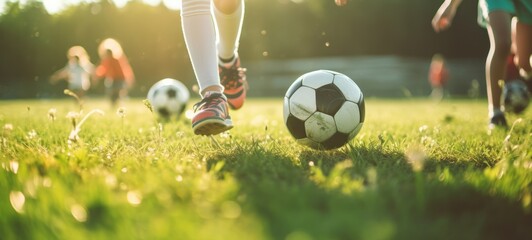 Kids soccer football - young children players match on soccer field. Banner