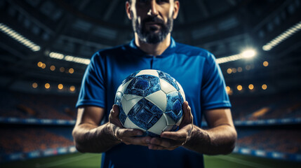 Soccer player holding soccer ball. Generative Ai