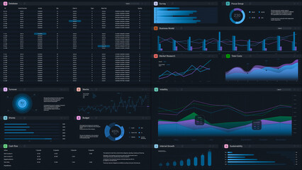 3D Render: Business Management Application Interface With Graphs, Charts, and Data Opened in Multiple Windows On Dark Background. Software For e-Commerce Entrepreneurs. Template For Computers, Laptops