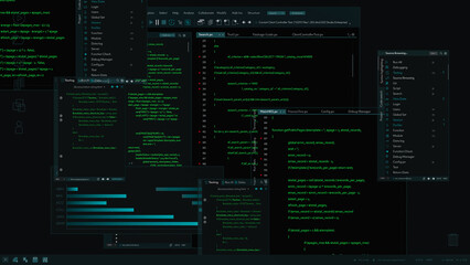 3D Render: Software Backend Mock-up with Different Windows With Code Opened Up. Dark Project...