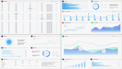 3D Render: Business Management Application Interface With Graphs, Charts, and Data Opened in Multiple Windows On White Background. Software Mockup For e-Commerce. Template For Computers, Laptops.