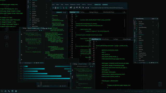3D Render: Software Backend Mock-up with Different Windows With Code Opened Up. Dark Project Monitoring Interface with Programming Environments. Template for Computer Displays and Laptop Screens.
