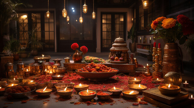 An image capturing the serene ambiance of the puja room during the Lakshmi Puja, where the divine is invoked, Diwali Generative AI