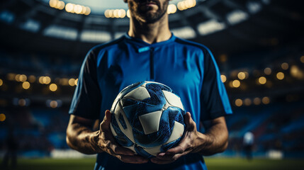 Soccer player holding soccer ball. Generative Ai