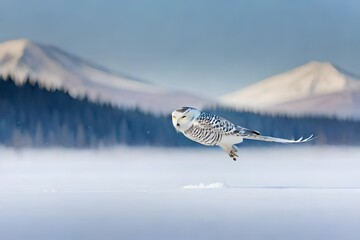 Snowy owl (Bubo scandiacus) flying low and hunting over a snow covered field in Ottawa, Canada - Powered by Adobe