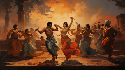 A depiction of traditional dances and performances that pay homage to the legends associated with Naraka Chaturdasi, Diwali, Naraka Chaturdasi Generative AI - obrazy, fototapety, plakaty