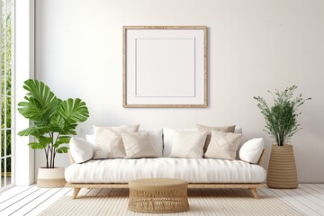 Farmhouse boho interior style mockup of a frame in a bright living room, with a white sofa. and illustration.