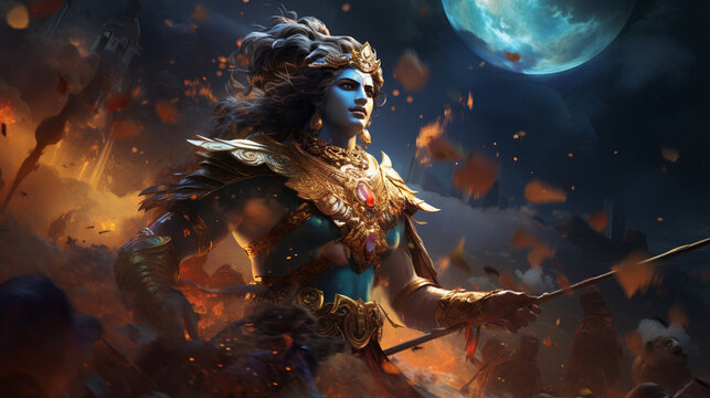 A depiction of Lord Krishna's divine presence amidst celestial radiance during the epic battle with Narakasura, Diwali, Naraka Chaturdasi Generative AI