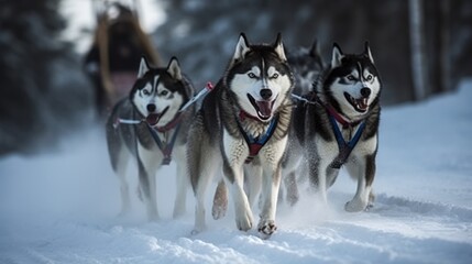 Husky sled dog racing.  Husky sled dog racing. Siberian husky dogs pull sled with musher. Winter sport competition.