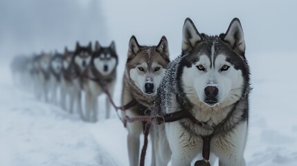 Husky sled dog racing. Siberian husky dogs pull sled with musher. Winter sport competition.