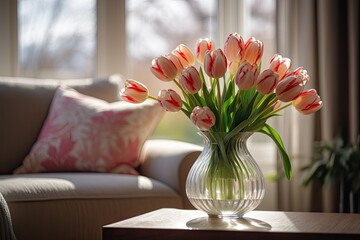 Tulip vase on table in living room with sofa.