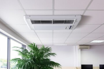 Cassette type air conditioner and lamp on white ceiling for home or office.