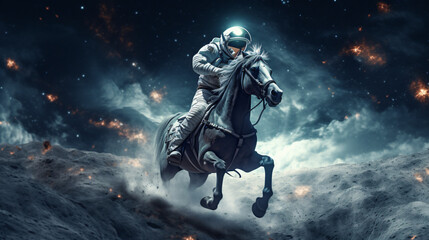 Fototapeta na wymiar An astronaut riding white horse on the moon