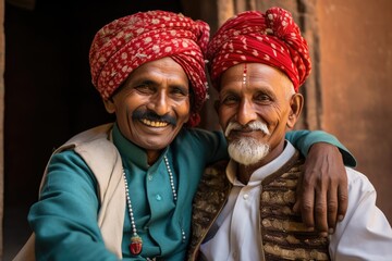 Two men proudly wearing traditional Indian clothing, including turbans, and smiling together for a picture.. A fictional character Created By Generated AI.