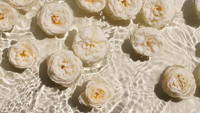 White rose flowers on water surface and of waves on white background. Sun and shadows. Pure water with reflections sunlight and shadows in slow motion. Valentines day texture. High quality 4k