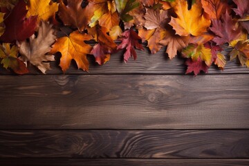 Obraz premium Autumn leaves over wooden background with copy space.Created with Generative AI technology.
