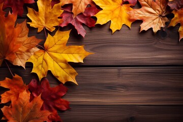 Naklejka na ściany i meble Autumn leaves on a wooden background. Created using Generative AI technology.