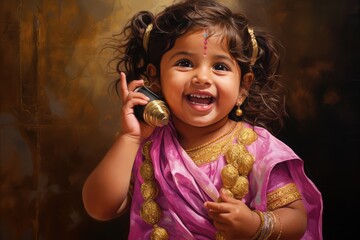 A young Indian girl with braids, wearing traditional jewelry, and dressed in cultural clothing, smiles while talking on her gold cell phone.. A fictional character Created By Generated AI.