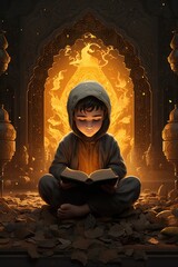A Boy Reading a Book in Front of a Dragon. A fictional character Created By Generated AI.
