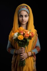 A young woman wearing a yellow headscarf holds a bouquet of flowers. A fictional character Created By Generated AI.