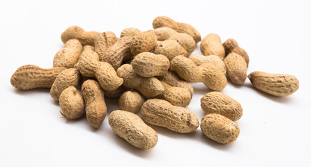 Bunch of ecological peanuts on a white background